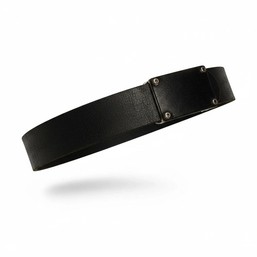 Vintage Aviator Black Leather Belt with Silver Plate Buckle
